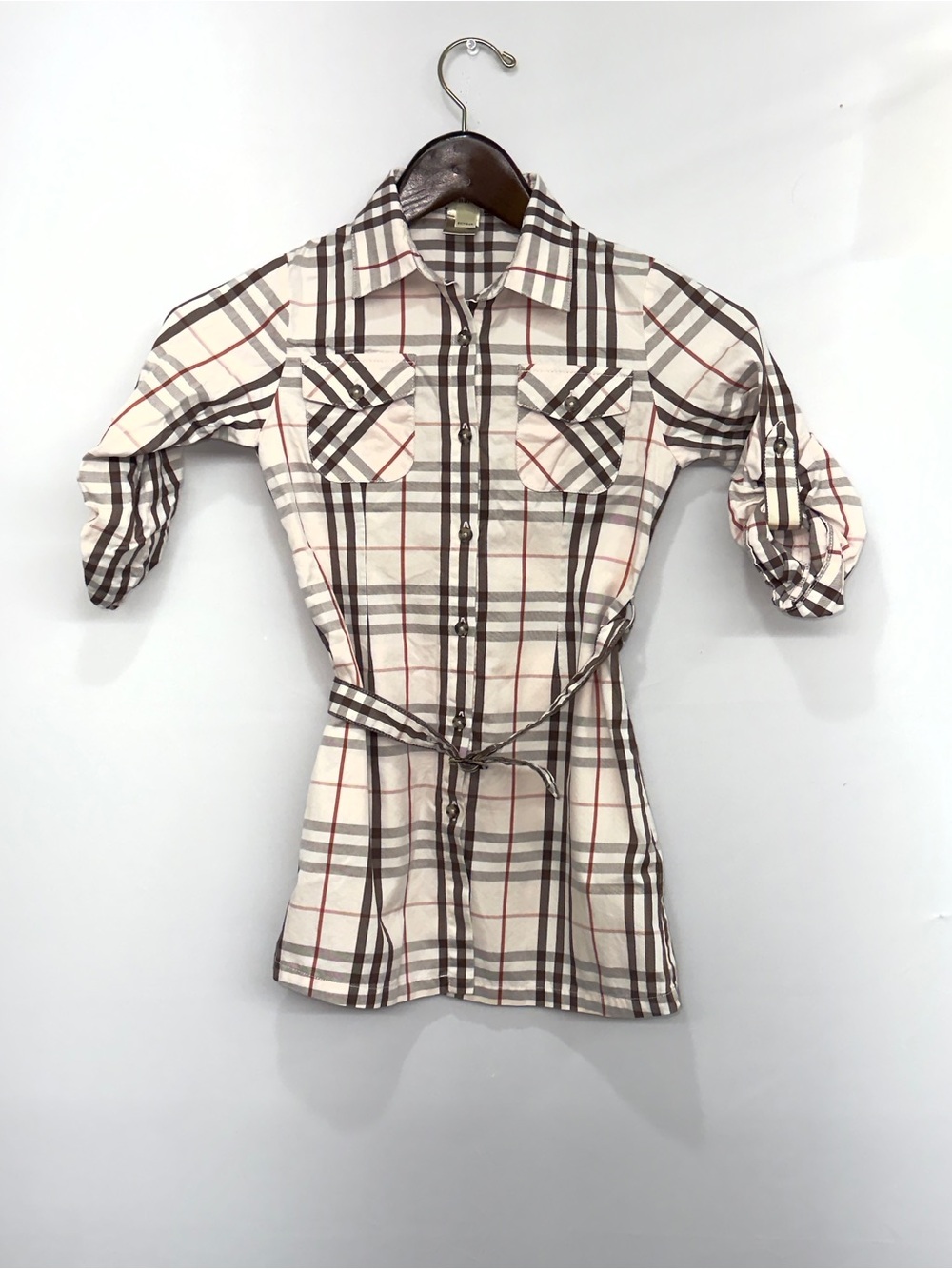 Burberry Girls Check Cotton Shirt Dress in a beige Nova Check pattern Size 6